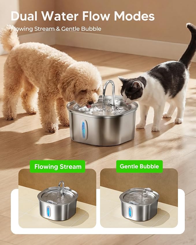 PEKTACO Stainless Steel Cat Water Fountain, 3.2L/108oz Cat Water Dispenser with Quiet Water Pump, Dishwasher Safe Pet Drinking Fountain for Cats