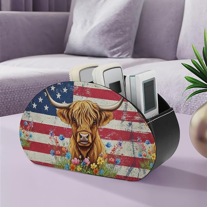 Remote Control Holder Box American Flag Highland Cow Desk Storage Caddy | with 5 Compartments, American Flag Highland Cow Office Supplies Table Decor for Media Player, Stationery, Makeup Brush