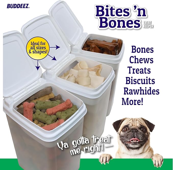 Buddeez Pet Treat Container for Dogs and Cats - 3.5 Quart Flip Top Storage Bin - Bites And Bones Design - Airtight Food Holder