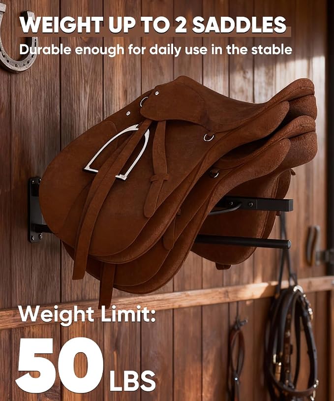 Queension Wall Mounted Saddle Rack with Pad Bar for Horses Saddles, Black | Heavy Duty Horse Saddle Stand with for English & Western Saddles, Saddle Pad Rack for Horses Blanket, Tack Storage