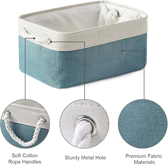 Fabric Storage Bins Baskets for Organizing,Sturdy Storage Basket W/Handles, Decorative Foldable Storage Baskets for Shelves Closet Nursery Toy (White&Teal, Medium - 3 Pack)