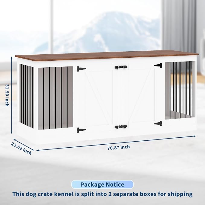 Garvee 70.8" Double Dog Crate Furniture, Farmhouse Dog Crate TV Stand | Heavy Duty Wooden Dog Kennel with Removable Divider & 2 Lockable Doors, Easy Assembly