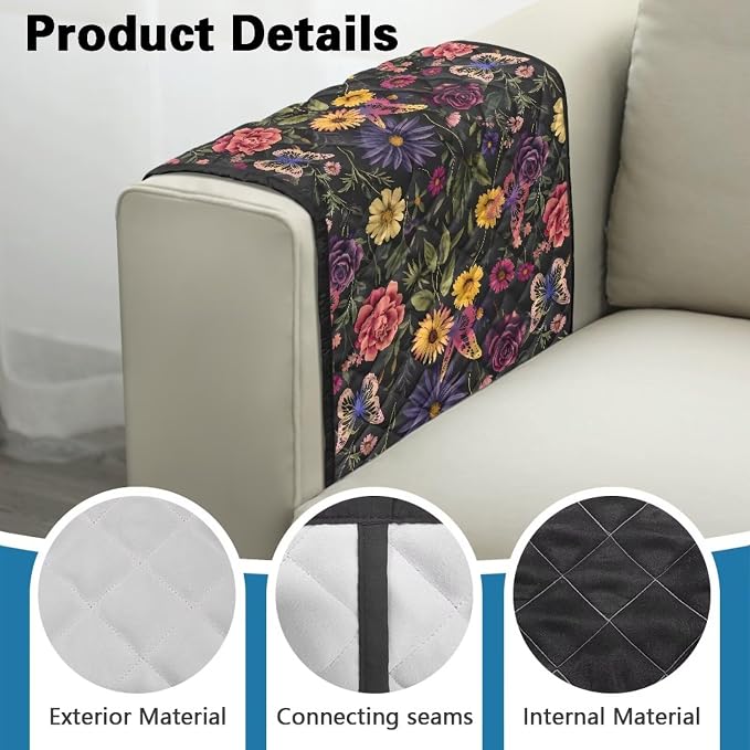 Sofa Arm Rest Cover Armrest Covers for Living Room Loveseat Couch Recliner Armchair Slipcover Sofa Arm Protector for Pets with Organizer Pockets Floral Pattern