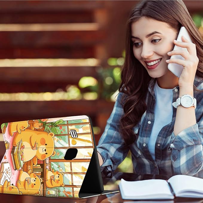 for Samsung Galaxy Tab E 9.6" 2015 SM-T560/T561/T567 Case | Slim Leather Smart Cover with Multi-Angle Anti-Slip Stand [Auto Wake/Sleep] Shell for Women Men - Bear Lunch