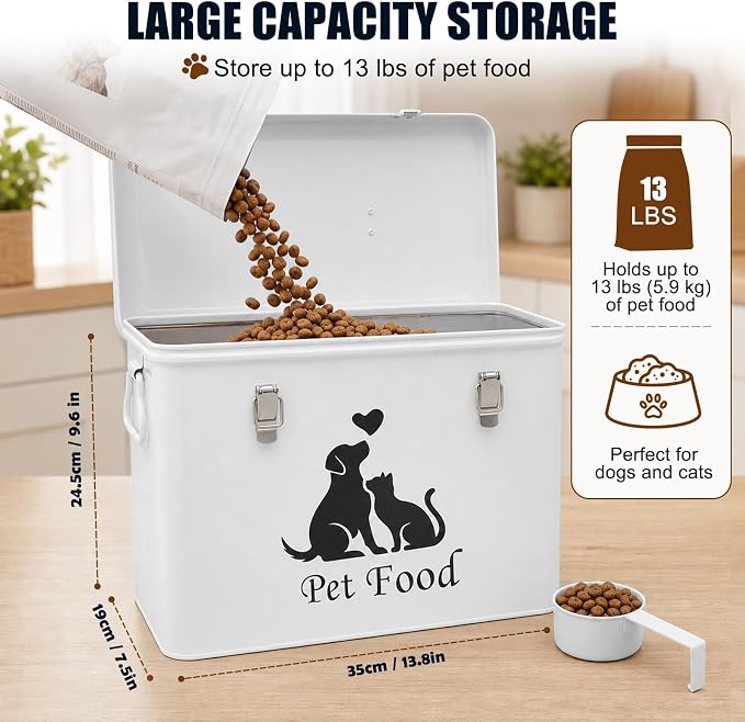 Vivifying Airtight Metal Dog Food Storage Container with Scoop, Up to 13 lb | Sealing Ring and Double Locks Keep Dog Treats, Cat Treats, Cookies and Dry Pet Food Fresh, Secure and Organized, White