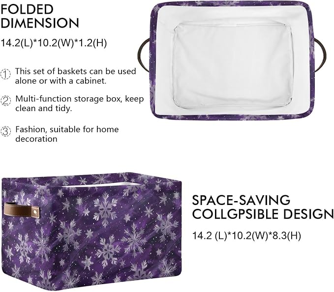 Wamika Winter Snowflake Storage Basket with Waterproof Liner and PU Handles Christmas Purple Xmas Storage Bins Boxes 14.2" Collapsible Decorative Organizer Baskets for Bedroom Closet Office 2 Pack