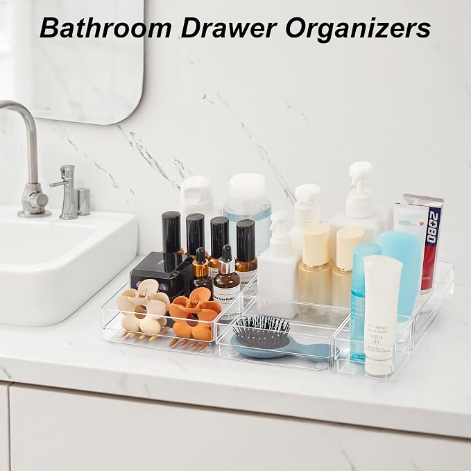 SMARTAKE 7 PCS Drawer Organizer, 4-Size Desk Drawer Organizer Trays | Storage Tray with Non-Slip Silicone Pads for Makeup, Jewelries, Utensils in Bedroom Dresser, Office and Kitchen (Clear)