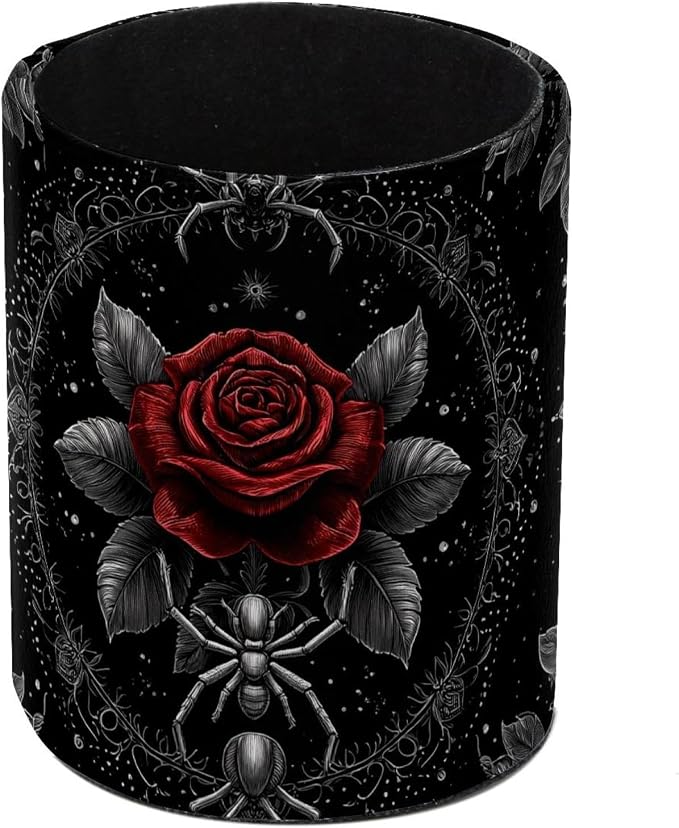 Faux Leather Pen Holder for Desk, Pencil Organizer Rose and Spider Pen Cup Desk Decor Makeup Brush Holder Storage for Office Home