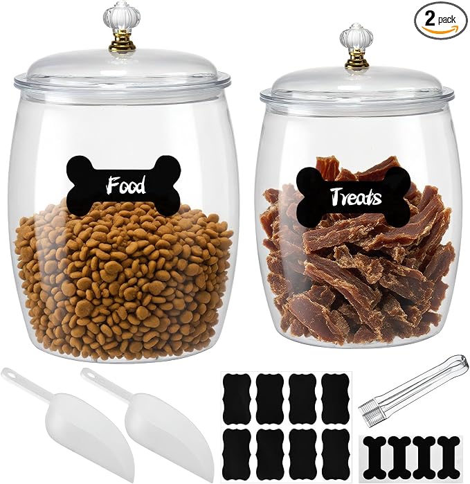 2 Pack Dog Treat Container Airtight, Dog Food Storage Container Dog Treat Jar with Lid 9.8x6.3 & 8.6x5.3 inch Clear Dog Cookie Jar with Scoops,Clamp,Labels for Dog Cat Bird and other Pet