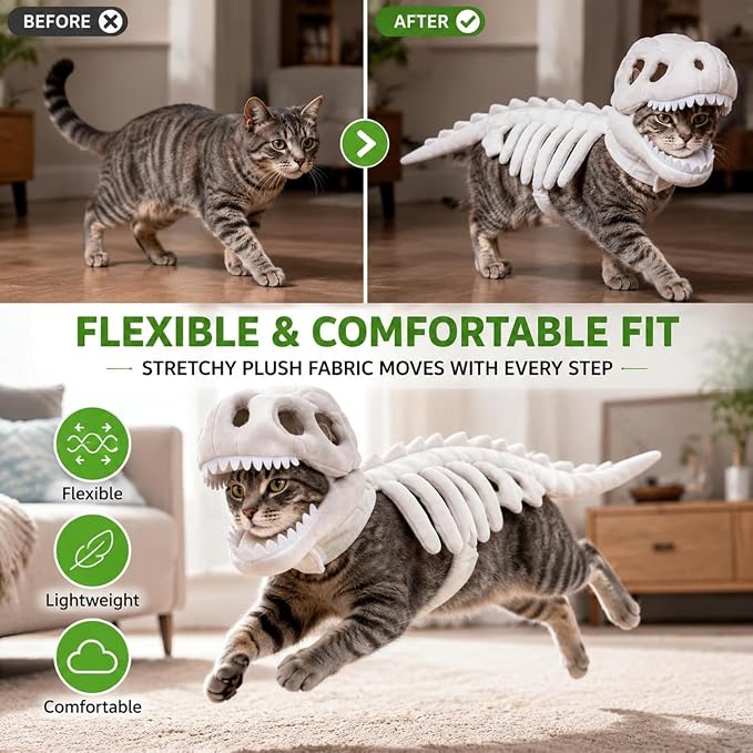 Glow-in-the-Dark Dinosaur Skeleton Cat Costume (L) | Plush Halloween Pet Hood Outfit with Soft Fabric, Easy-On Design, Perfect for Party, Trick-or-Treat & Holiday Photo Fun