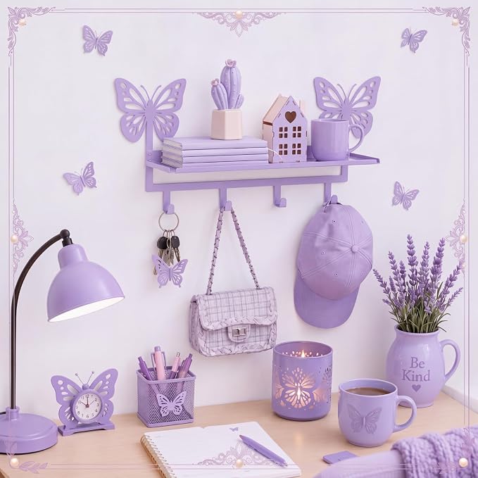 Purple Butterfly Coat Rack Wall Mount with Shelf Metal Entryway Hanging Shelf with 4 Hooks Cute Beach Coastal Bedroom Accessories Decor for Dog Leash Pet Collar Keys Clothes Hats Towel Purse