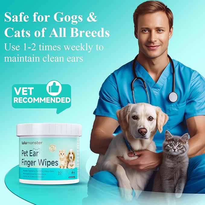 Dog & Cat Ear Cleaner Finger Wipes, Vet‑Recommended for Dog Ear Infection Relief, Itching & Inflammation, Remove Wax Dirt, Stop Smelly, Non‑Irritating, 50ct (Coconut Scent)