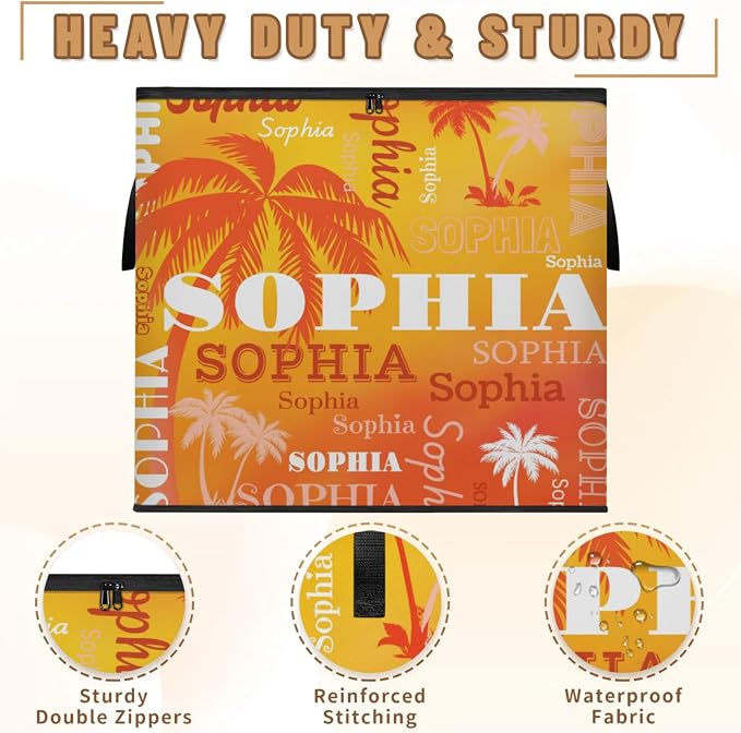 Custom Name Large Clothes Storage Organization with Lids, Shelf Basket, Bedding Clothes Towel Storage Bin for Nursery, Gift Basket, Pet Basket, Dark Orange Tropical Palm Trees Gradient Yellow Orange