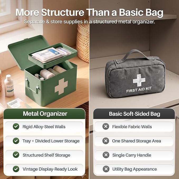 Flexzion Large Metal First Aid Box Empty, 8.5-Inch, Green with White Cross | Vintage Medicine Box and First Aid Storage Organizer with Removable Tray and Dividers; Empty Box Only, Supplies Not Included