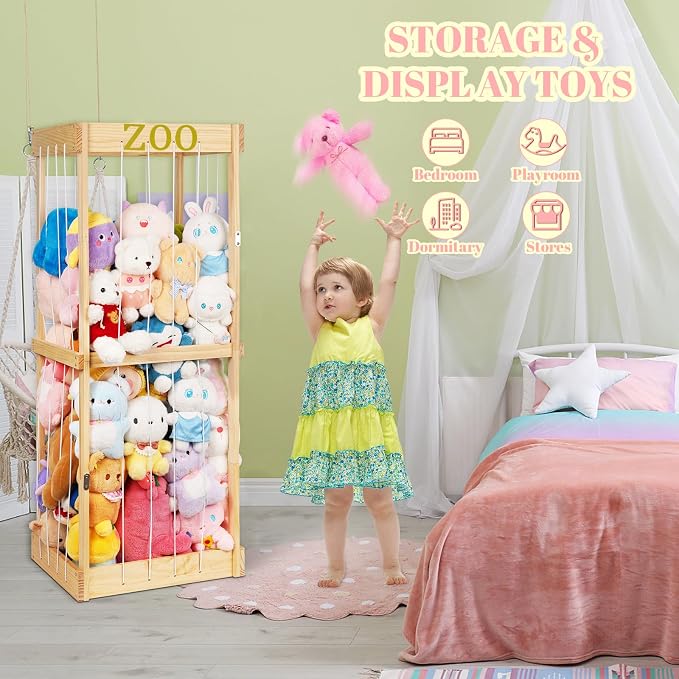 Trycooling Wood Stuffed Animal Zoo Stuffed Animal Storage, Wood | Plushie Storage, Stuffed Animals Zoo Storage Cage with Zoo Pattern Elastic Band for Nursery Play Room Bedroom