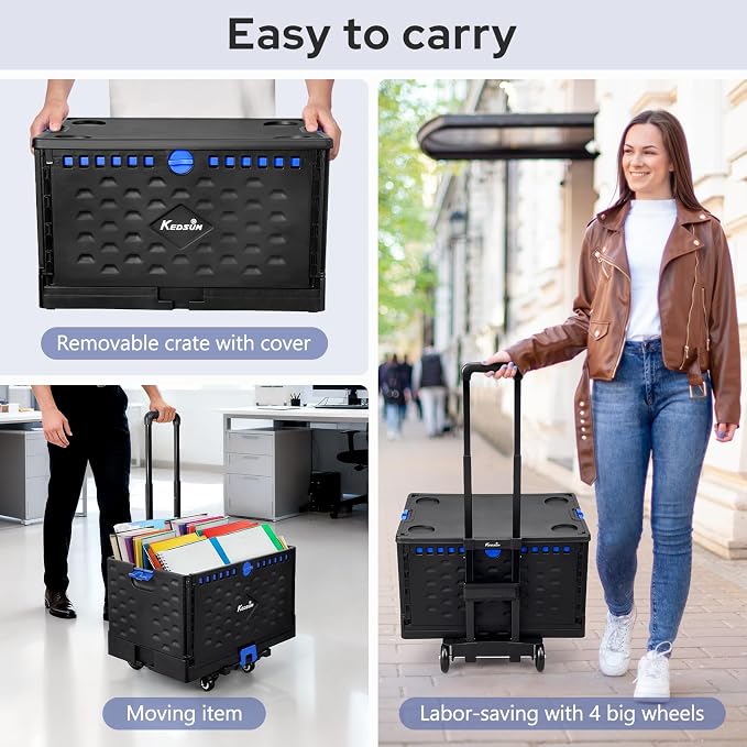 KEDSUM 2 in 1 Rolling Cart with Durable Removable Crate, 290 LBS/70L Capacity Collapsible Rolling Crate with Lid for School, Craft, Office & Garden, on 4 Rotate Wheels
