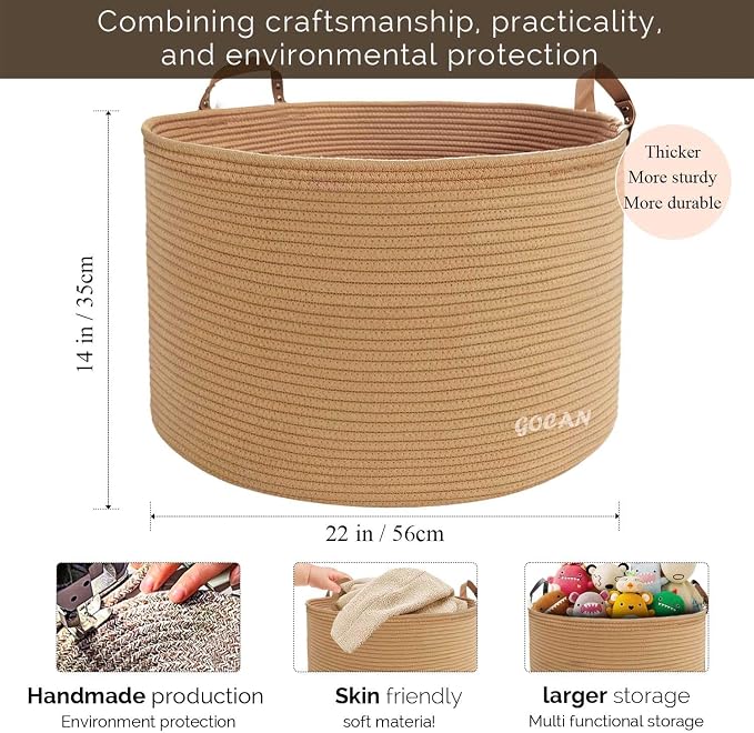 Cotton Rope Woven Laundry Basket 22"X 22"X 14" with handles (Pure Jute)XXXL | Hand-woven, ideal for storing blankets and cushions in the living room, and clothes for household storage.