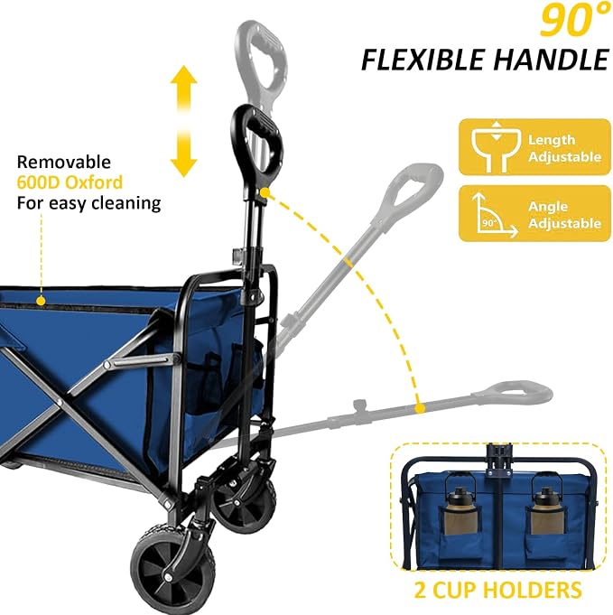 Foldable Wagon Cart, Collapsible Wagon Cart with Heavy Duty Wheels, 220Ibs Portable Folding Utility Wagon for Groceries, Beach, Camping, Outdoor Activities, Blue