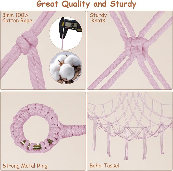 Stuffed Animal Net Hammock Corner,55Inch Large No Drilling Plushie Net,Pink | Handcrafted Natural 100% Cotton Toy Hammock,Boho Macrame Toy Net,Stuffed Animals Storage Stuffy Organizer,Nursery Room Decor