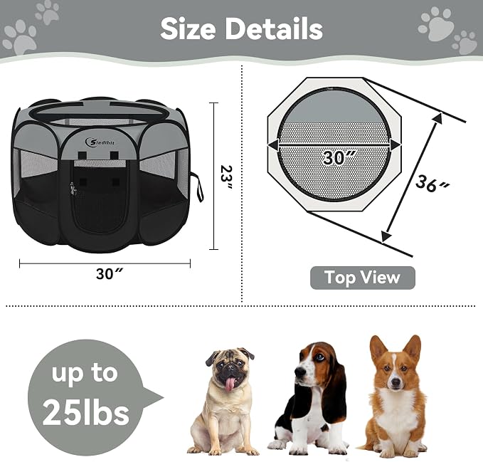 Siedihit Dog Cat Playpen, Puppy Pet Playpen Indoor for Dog Crate Tent | Cage Outdoor, Portable Pop Up Dogs Enclosure Kennel with Carrying Case for Dogs/Cats/Rabbits (Dark Grey, Medium)