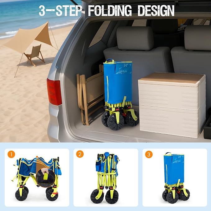 Old Bahama Bay 300lbs Extra Long 49" L Beach Wagon with Big Wheels with Brake for Sand, Collapsible Utility Beach Cart Heavy Duty Folding Wagon,Ideal for Outdoor Sand Camping Garden Pet