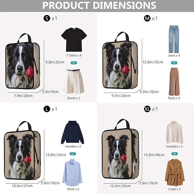Border Collie & Rose Compression Packing Cubes Set Of 4, Lightweight Expandable Travel Organizer Bags With Double Zipper For Vacation Business
