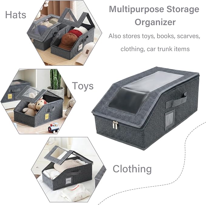 Furlide Hat Organizer for Baseball Caps, 2 Pack Stackable Storage Boxes | Protects 24-30 Caps From Dust and Pet Hair; Stackable Base, Clear Window, Front Opening and Handles Simplify Closet Storage.