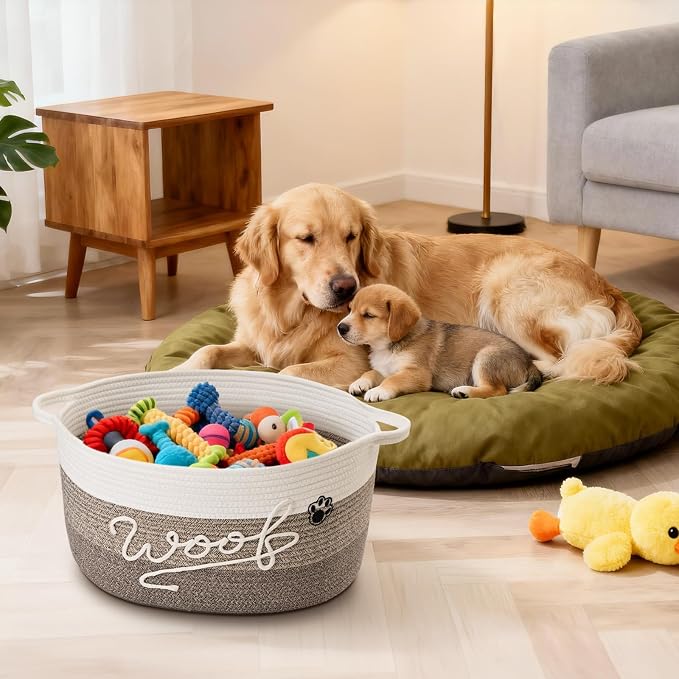 Woof Dog Toy Basket with Handles, Large Dog Toy Storage Bin with Paw Print, Woven Dog Basket for Blankets, Toys, Chews, Pet Toy Box for Nursery, Living Room, Bedroom, 20”x14”x9, Brown
