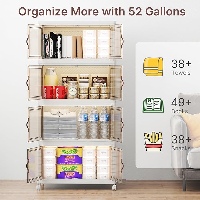 Stackable Storage Bins with Lids, 192QT Lockable Storage Cabinet | Folding Storage Box with Doors and Wheels, Collapsible Plastic Drawers for Home, Garage, Office