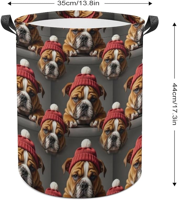 Portable Collapsible Hamper English Bulldog Puppy Dog, Waterproof Laundry Basket with Handles for Bedroom, Bathroom, and Toy Storage