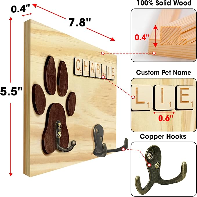 Personalized Dog Leash Holder Wall Mount, Pet Harness Hanger with Letter Tiles, Dog Collar Organizer for Entryway, Memorial Paw Leash Holder for Wall, Pet Loss Gift, Keepsake Home Decor