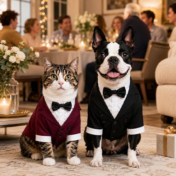 Lovelonglong Pet Costume Dog Suit Formal Tuxedo with Black Bow Tie for Large Medium Small Dogs Cat Wedding Clothes Reddish Brown M