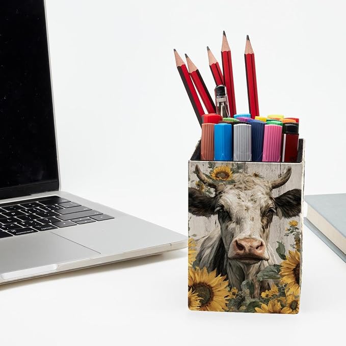 Sunflower and Cow Pen Holder for Desk Decor, Rectangular PVC Leather Pencil Cup for Desk Pen Organizer, Makeup Brush Holder for School, Home, Office