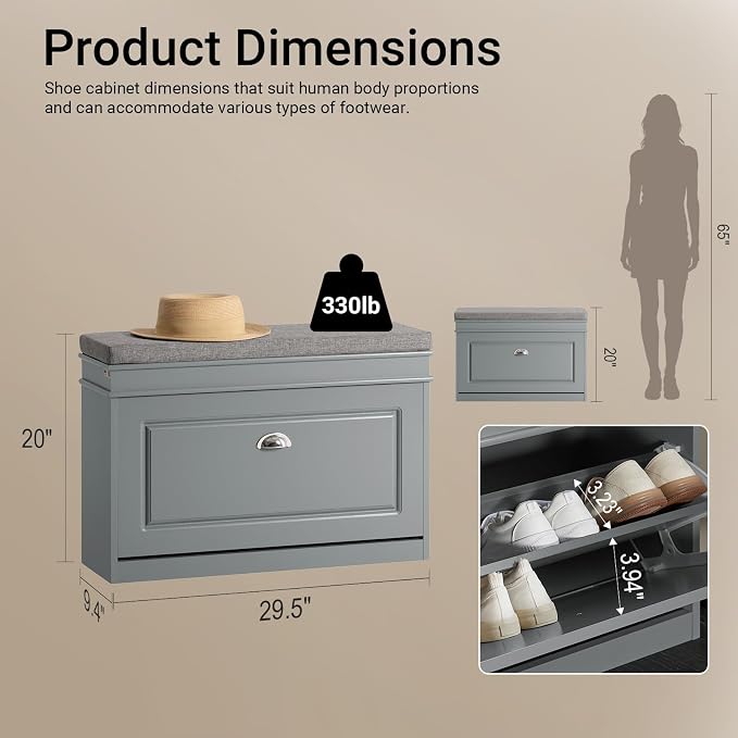 Haotian Shoe Storage Bench with Cushion, Grey Narrow Shoe Rack for Entryway, Small Shoe Cabinet with Flip-Drawer, Closet Hallway Mudroom FSR82-L-HG