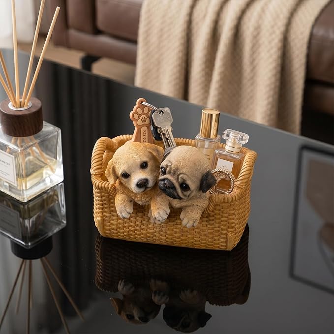 Labrador & Pug Statue Key Bowl for Entryway Table - Large Capacity Decorative Key Holder Bowl - Weighted Candy Dish for Office Desk, Stable Animal Storage Basket for Home Decor