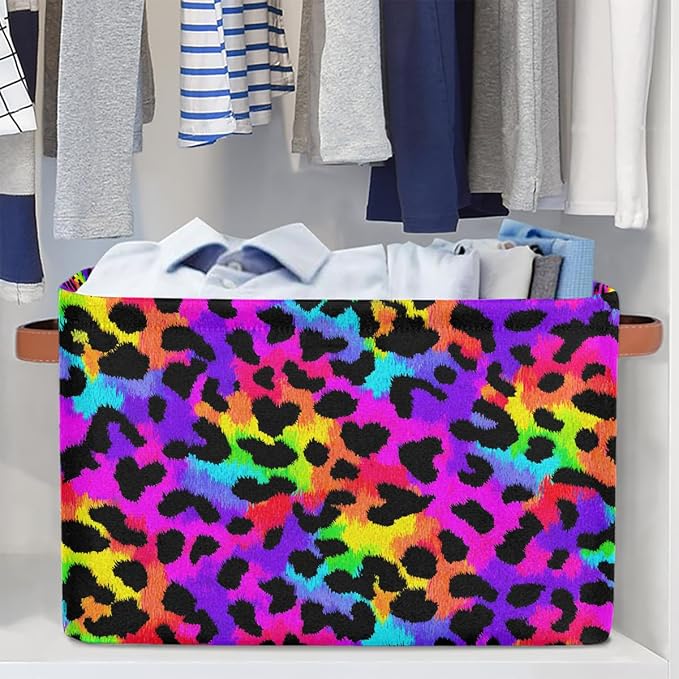 Pardick Colorful Leopard Print Basket Storage Bins Large Fabric Toys Storage Cube Box with Handles Collapsible Closet Shelf Cloth Organizer Basket for Nursery Bedroom Bathroom Holiday Gift