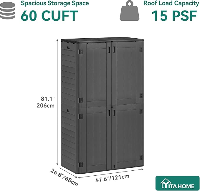 YITAHOME 60 cuft Vertical Outdoor Storage Shed with Shelf, Large Waterproof Storage Cabinet for Garden Shed, Tall Outdoor Storage Shed for Garage, Pool Storage, Resin, Lockable, Dark Gray