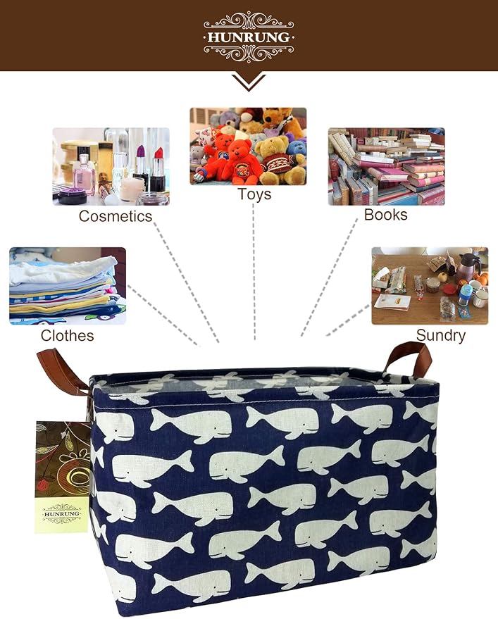 Rectangle Canvas Foldable Storage Basket for Nursery, Blue Whale | Portable and collapsible cloth receptacle. Stores pet essentials, daily use items. Folds flat when not in use