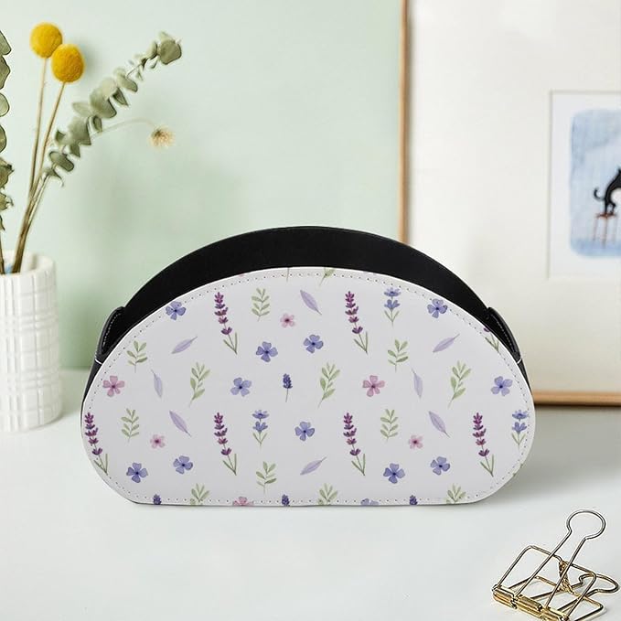 TV Remote Control Holder Purple Lavender Floral Desktop Storage Caddy Box | Pu Leather Makeup Organizer, 5 Compartments, Purple Lavender Floral Flower Botanical, Fit for Media Player, Office Supplies