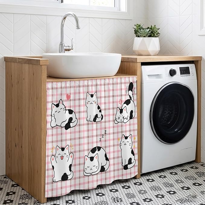 Cute Cat Cabinet Dishwasher Hidden Curtains, Privacy Closet Door Curtain, Modern Playful Pet Cats Pink Brown Plaid Adhesive Dust Proof Under Sink Skirt for Bathroom Kitchen 35"x35"