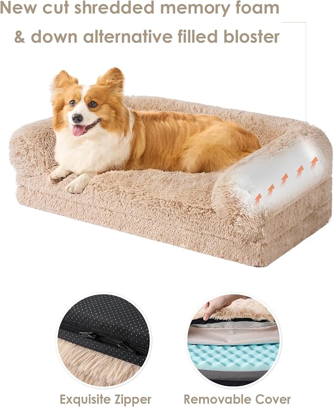 EHEYCIGA Foldable XXL Dog Bed for Large Sized Dog - 54x38x7.5, Camel | Faux Fur Fluffy Pet Couch Bed, Orthopedic Calming Memory Foam Big Pet Bed, Washable Pet Sofa Bed with Non-Slip Bottom