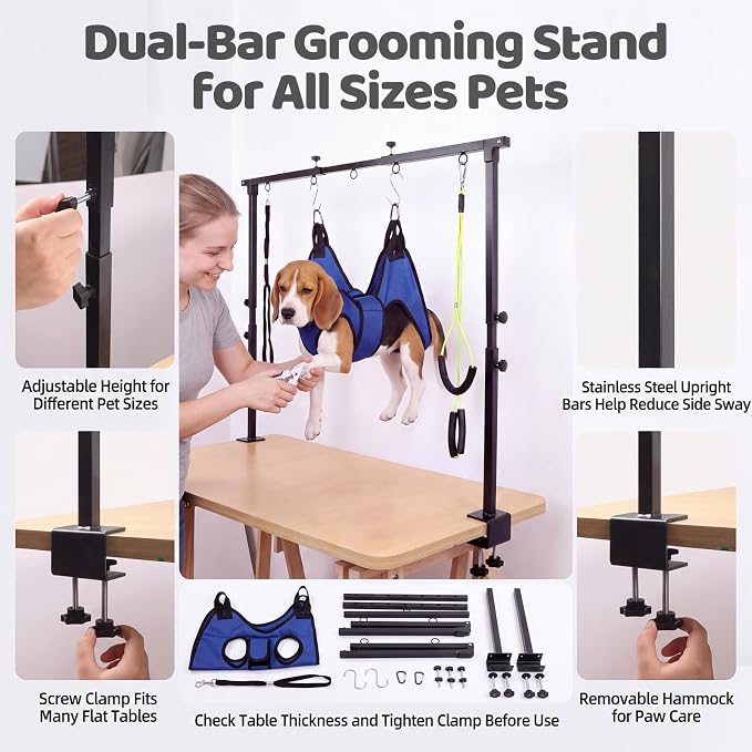 Dog Grooming Arm Double Rod with Hammock, Sturdy Metal Pillar Not Wobble | with Adjustable Metal Clamp Holder Fits Tables Up to 1.65" for Small Medium Dogs Cats Nail Trimming Bathing Drying
