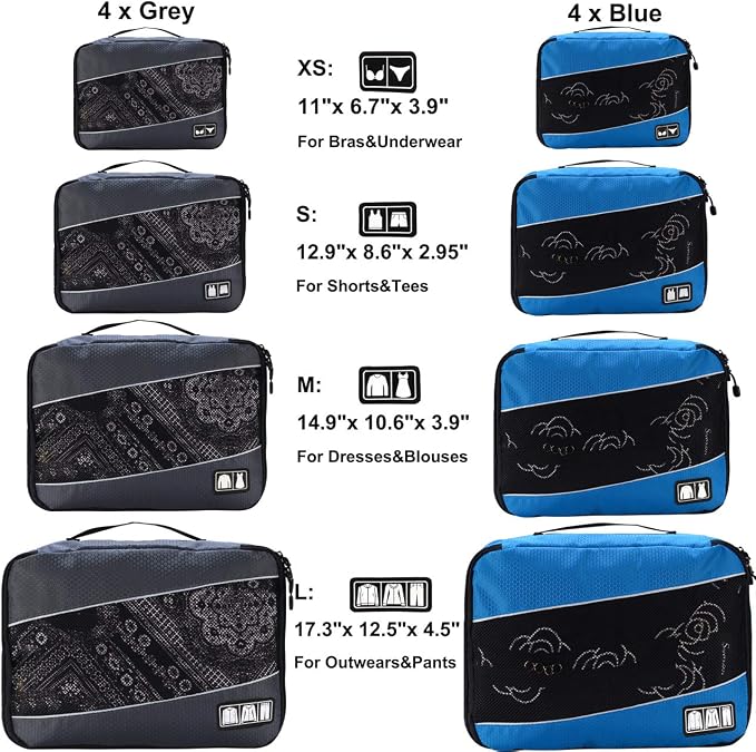 Packing Cubes large Luggage Organizers Bags For Travel Organizing Clothes | Mixed Color 8 Set Suitable family or two-person trips; breathable mesh make easy to sort; durable and convenient to store