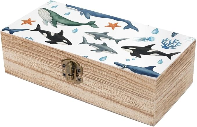 Wooden Keepsake Box Gift Organizer with Lid Craft Storage Container, Funny | Sharks Humpback Whales Orcas Turtles Ocean Rectangle Memory Boxes, Party Gift Supplies, 9.2x5.5x3.9 Inch