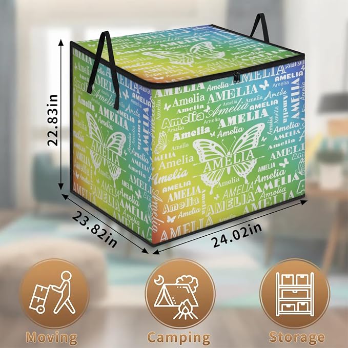 Personalized Name Foldable Storage Basket Cubes with Lid, Butterflies Dirty Clothes Pet Toys Storage Bin with Handles for Shelf Home Closet Kitchen, Gradient Yellow Green Blue Background