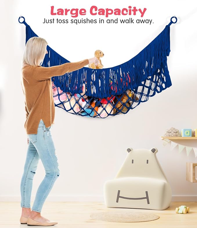 Stuffed Animal Hammock - Extra Large 63'' Long (Sapphire blue) | Premium Cotton Hand-knitted, Beautiful Long Tassel, Storage Hanging Organizer, Can Fit Stuffed Animals 40 Piece or More
