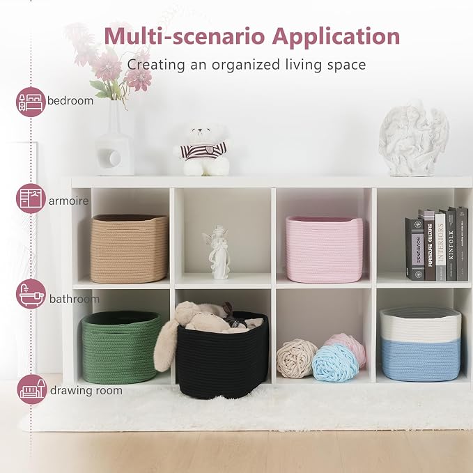ECDYQXVU 15x10x9 Inch Woven Cotton Rope Storage Basket, 2 Pack | Foldable Design, Built-in Handles, Space-saving Organizer for Living Room, Bedroom, Laundry, Shelves, Clothes, Towels