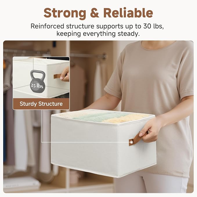 StorageWorks Closet Storage Bins with PU Handles, Ivory White, Large | Closet Organizers and Storage Bins, Foldable Shelf Baskets, Clothes Storage Basket for Organization