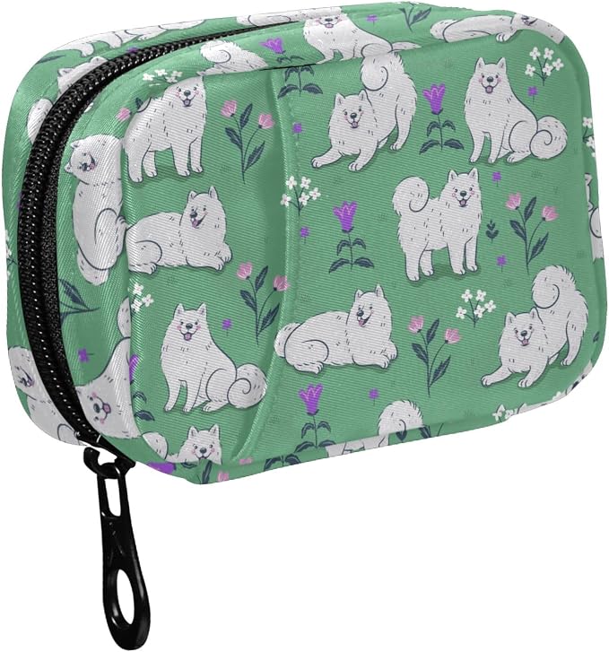 Fustylead Cute White Samoyed Dogs on A Green Meadow Pill Organizer Travel Portable Zipper Cloth Bag for Holding Weekly Supplements Vitamins and Fish Oils