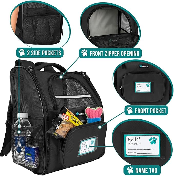 PetAmi Dog Backpack Carrier Airline Approved Cat Pet Puppy Bag, Black